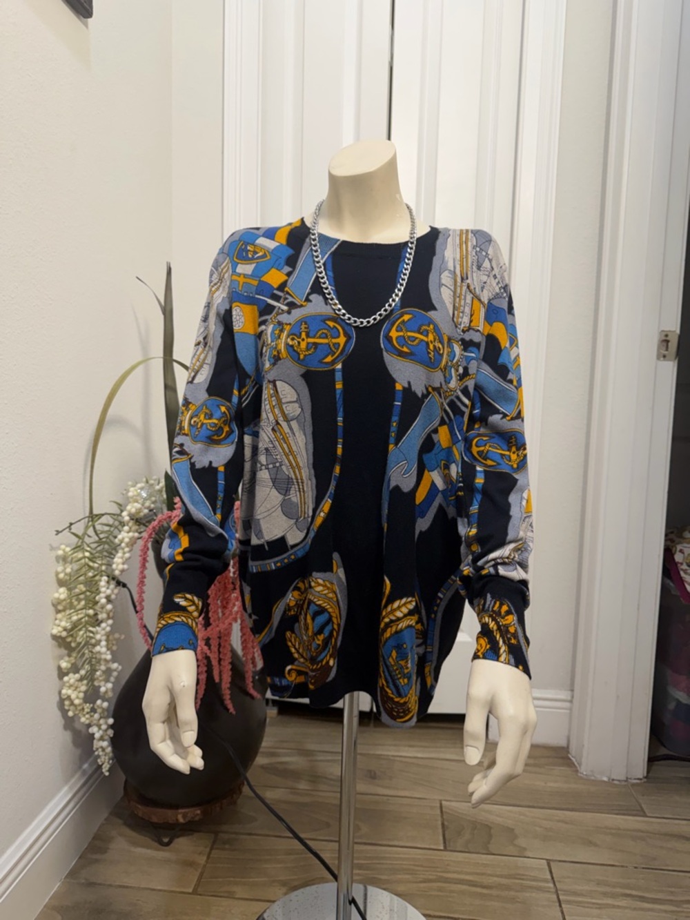 Navy & Blue Printed Open-Front Cardigan Sweater